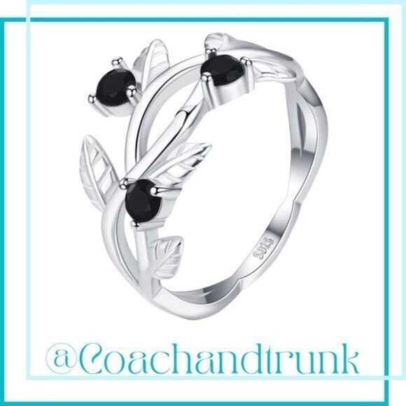 925 Hallmark 3 Round Black Spinel Prong Set Etched Winding Vine Band Ring Size 7 - Picture 1 of 3
